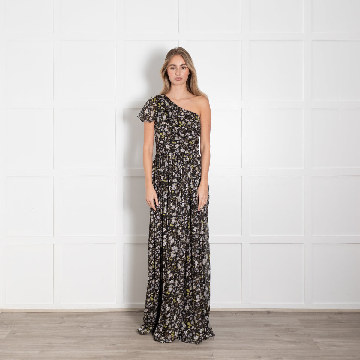 Mikael Aghal Black White Floral One Shoulder Maxi Gown