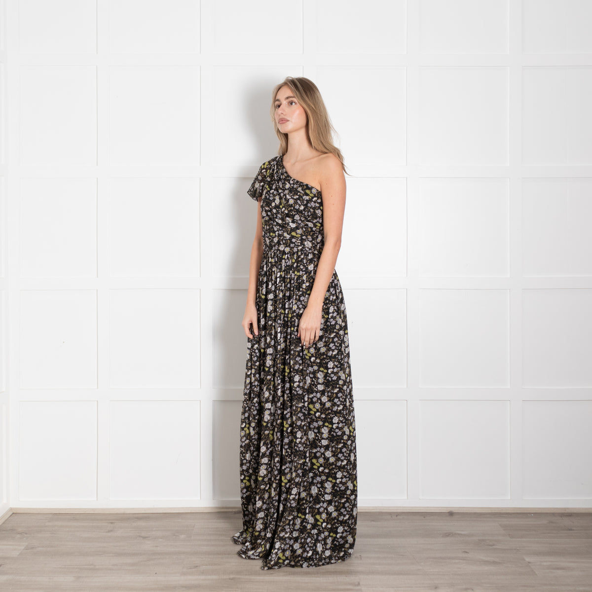 Mikael Aghal Black White Floral One Shoulder Maxi Gown