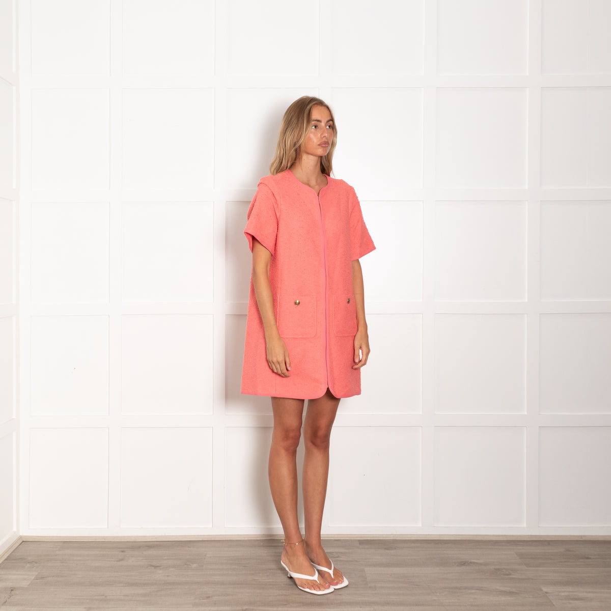 Me+Em Coral Pink Textured Shift Zip Gold Buttons Dress