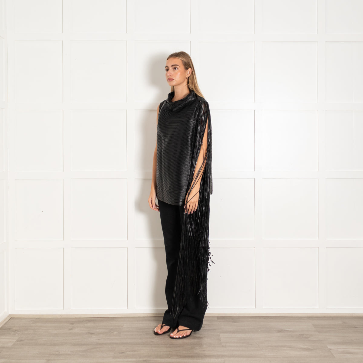 Sportmax Black Faux Leather Fringed Sleeveless Top