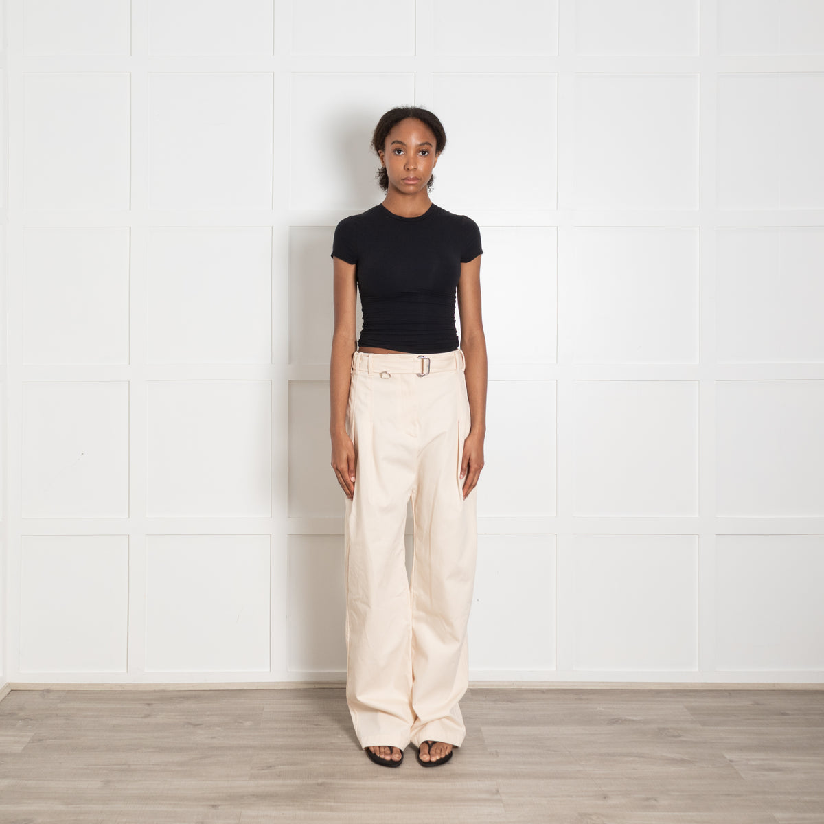 Burberry Cream Gabardine Wide Leg Belted Waist Trousers