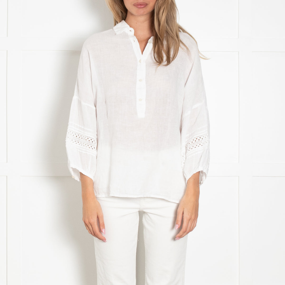 120% Lino White Linen Lace Detail Sleeve Top