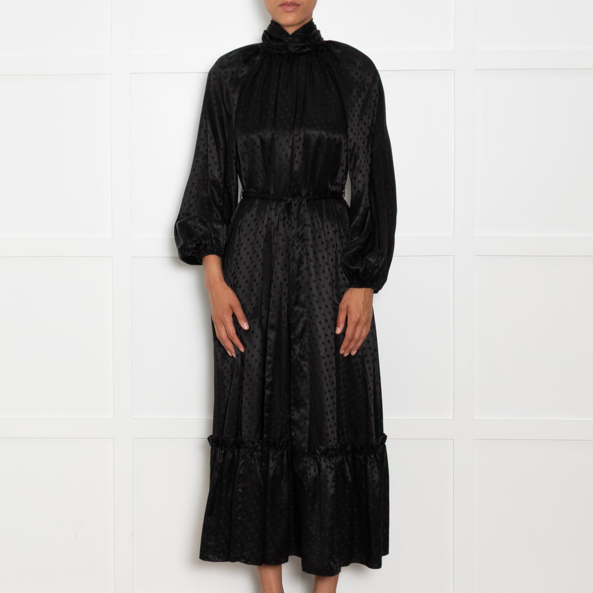 Zimmermann Black Silk High Neck Polka Dot Midi Dress