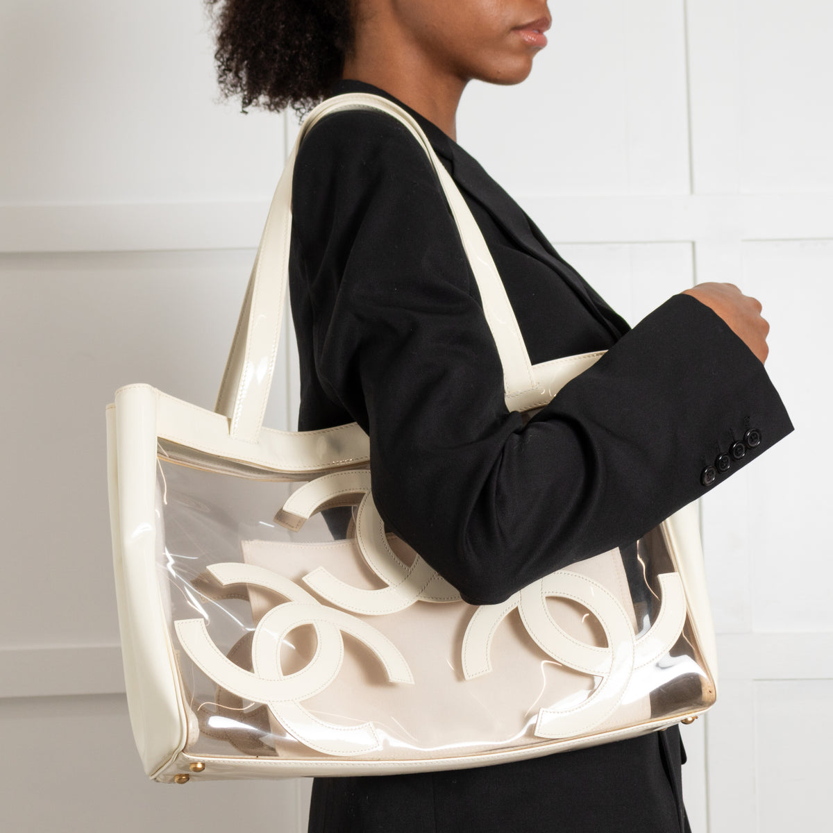 Chanel Cream Vinyl Tote with CC Logo
