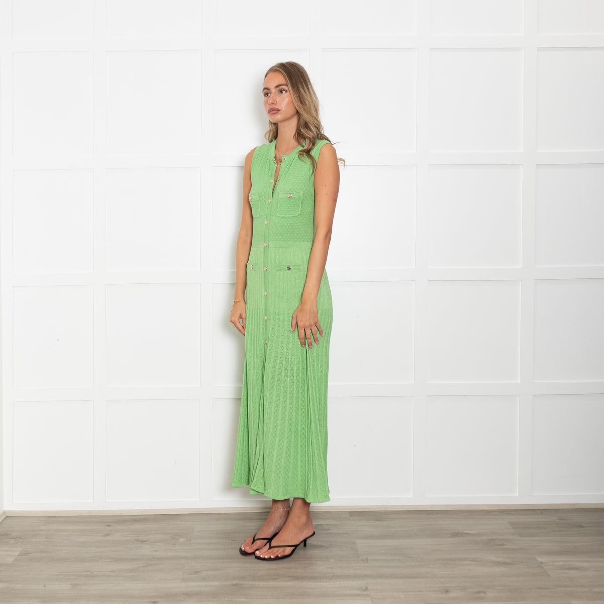Sandro Green Lurex Knit Midi Dress with Gold Buttons
