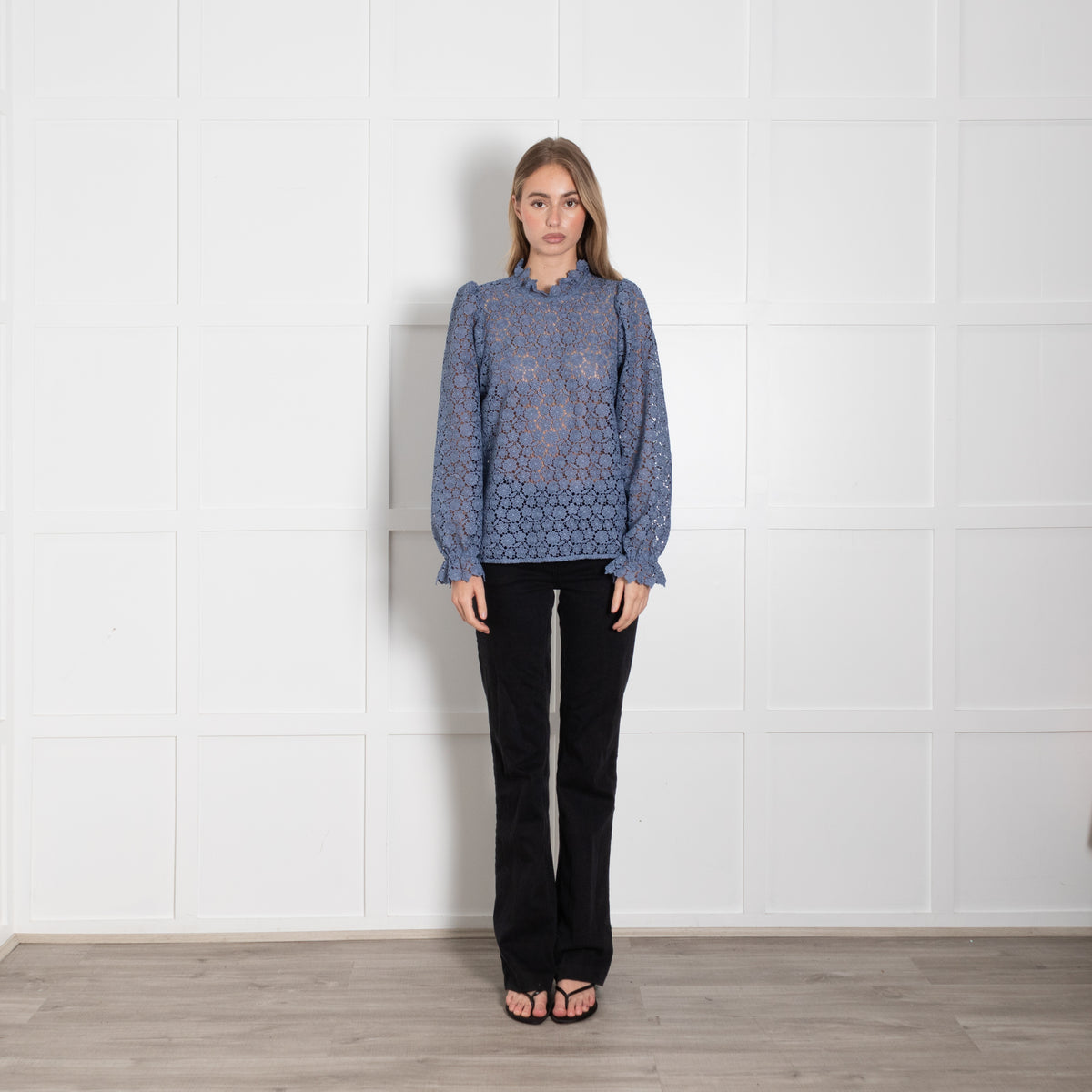 Sezane Blue Lace Ruffle Neck Top