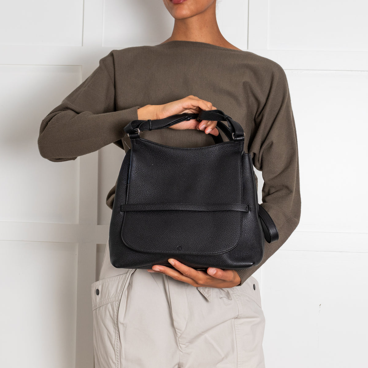 The Row Black Grained Leather Hunting Bag