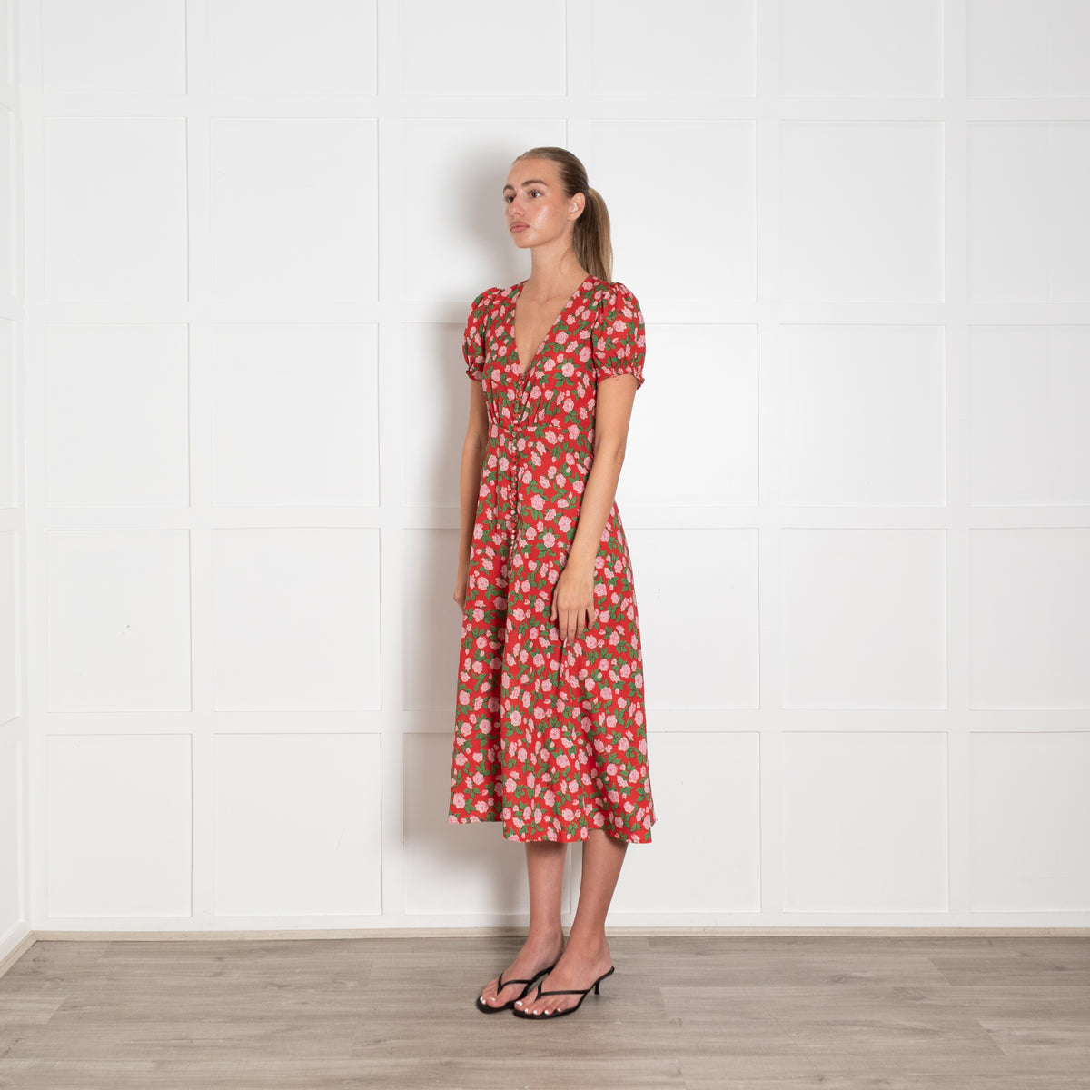 The Kooples Red Pink Green Floral Front Button Midi Dress