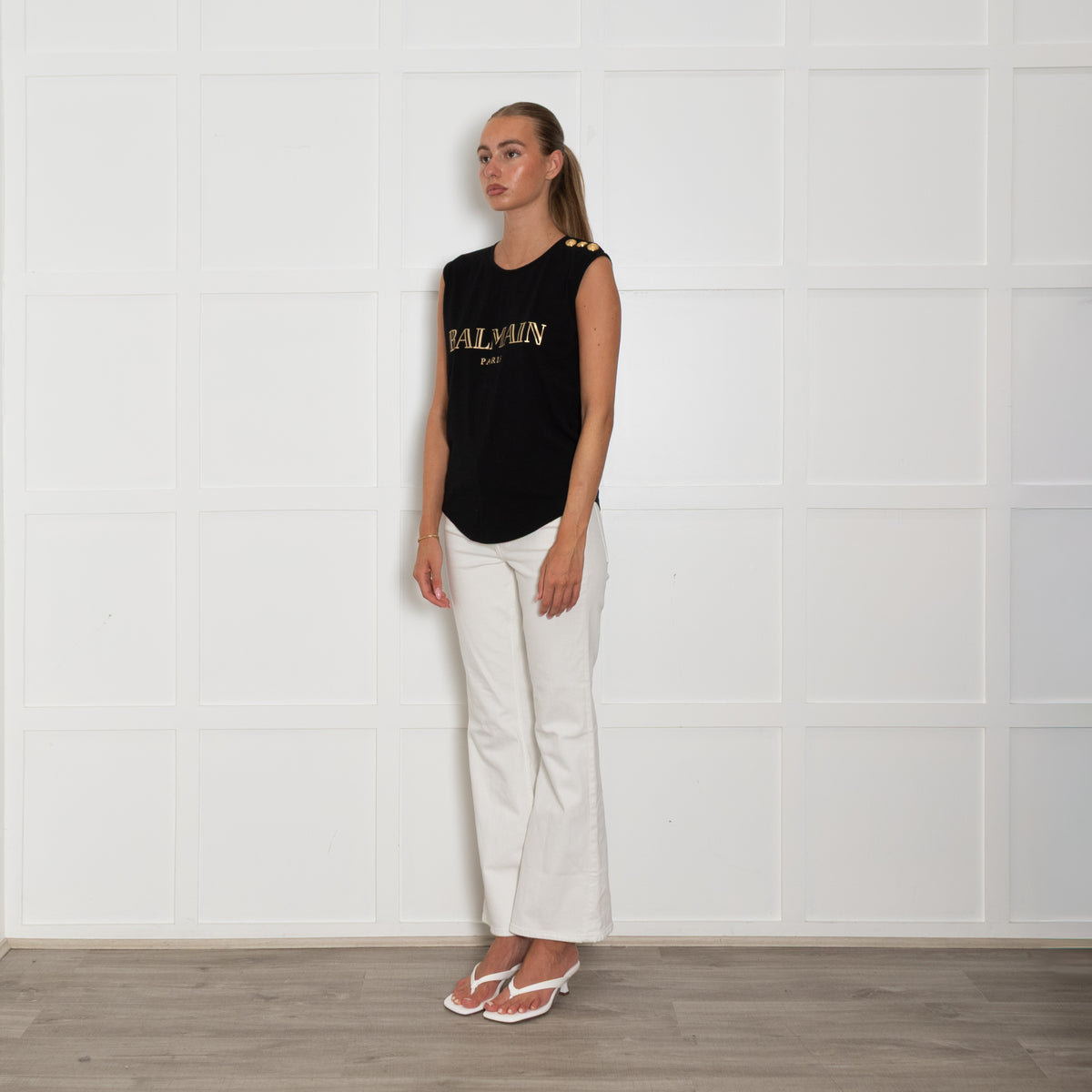 Balmain Sleeveless Gold Logo T-Shirt