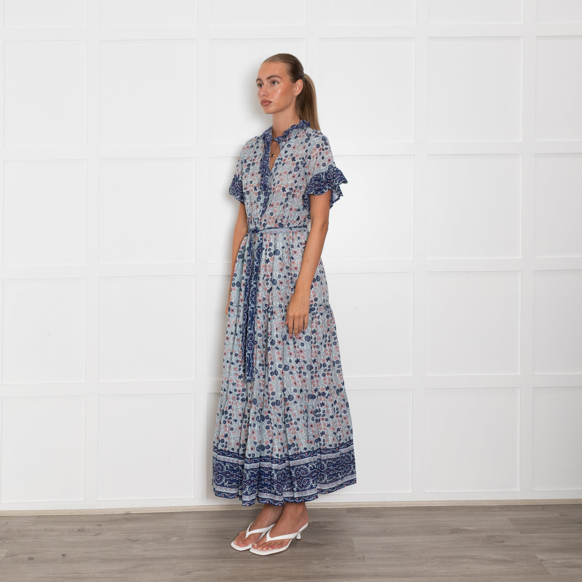 Mille Pale Blue Pink Floral Cotton Short Sleeve Maxi Dress