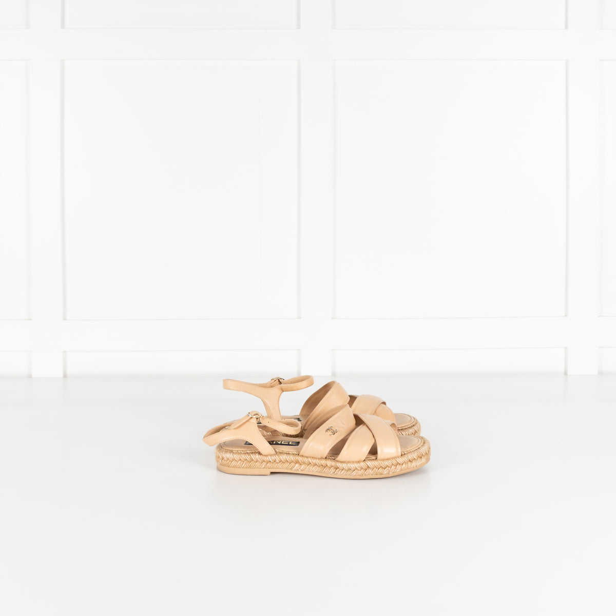 Chanel Beige Leather CC Espadrille Flat Sandals