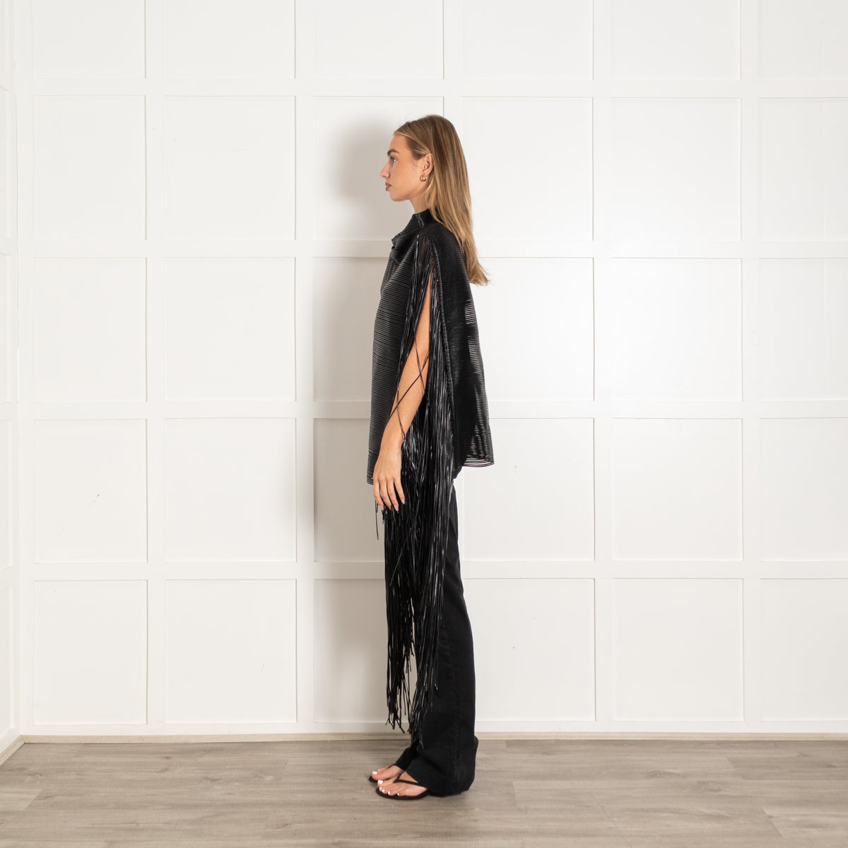 Sportmax Black Faux Leather Fringed Sleeveless Top