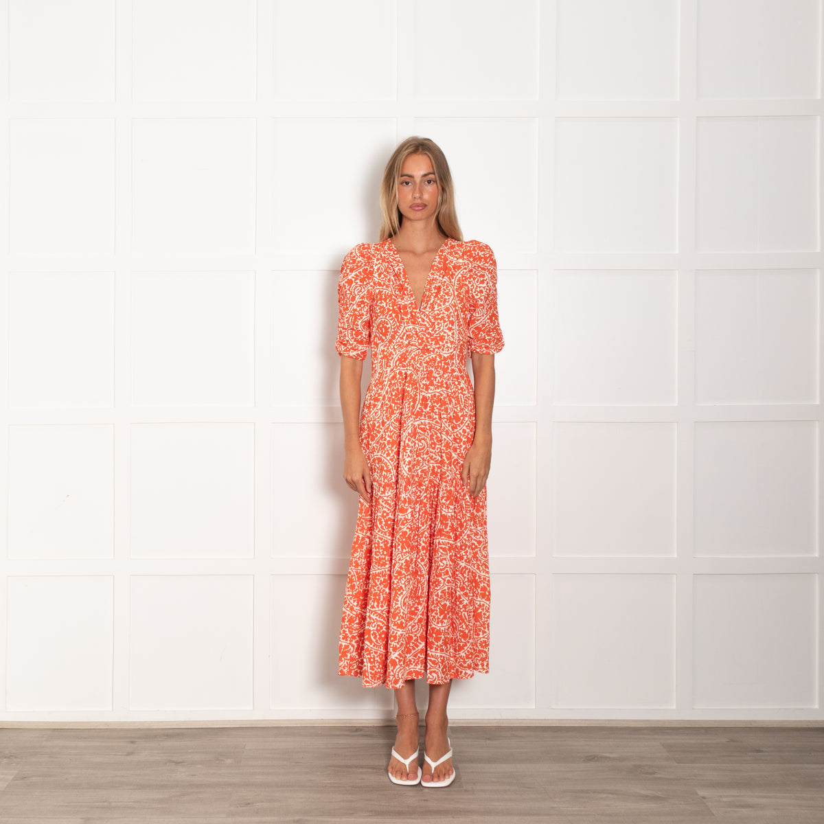 Me + Em White Orange Floral Elasticated Sleeves Cotton Dress