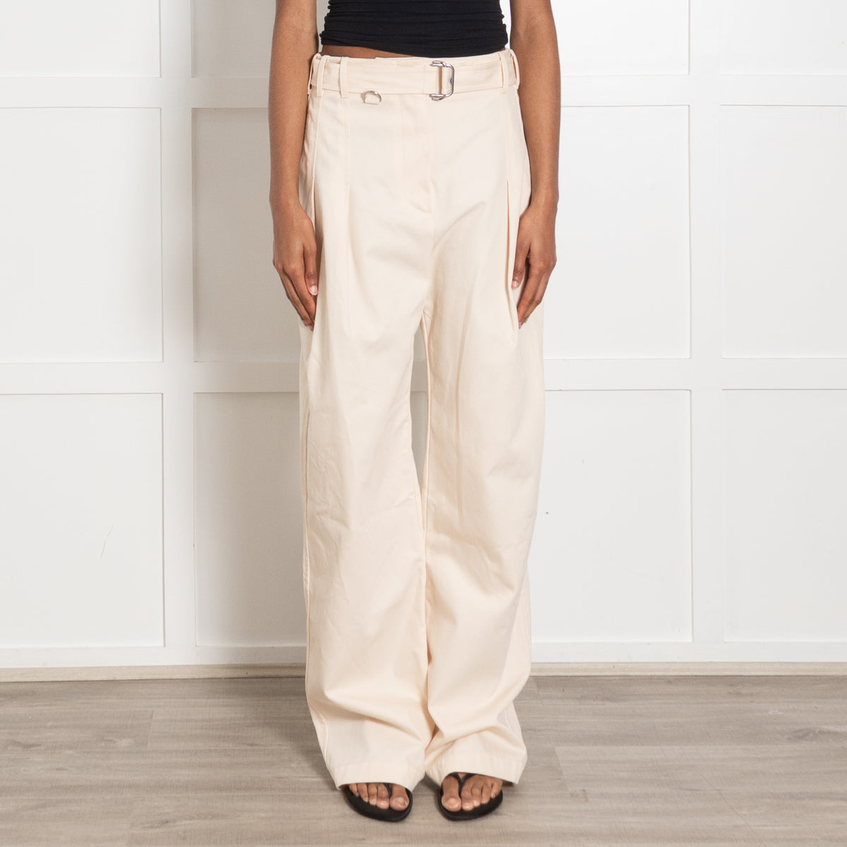Burberry Cream Gabardine Wide Leg Belted Waist Trousers