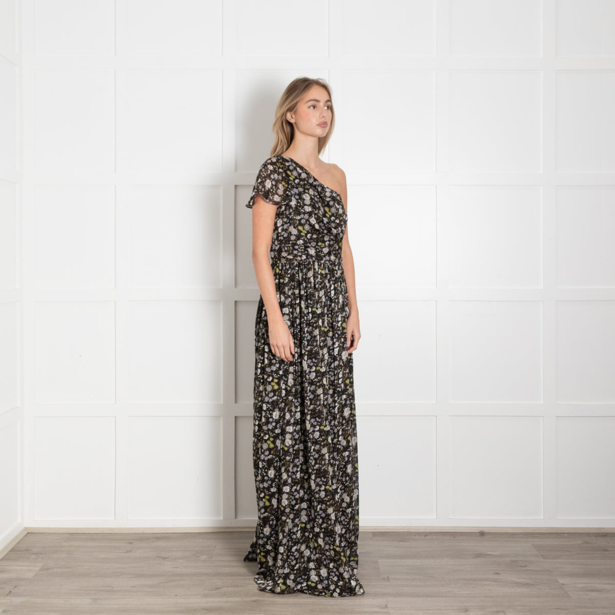 Mikael Aghal Black White Floral One Shoulder Maxi Gown