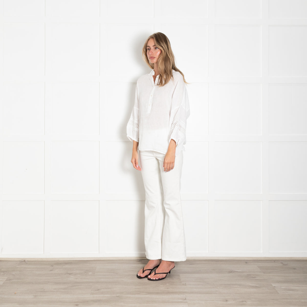 120% Lino White Linen Lace Detail Sleeve Top