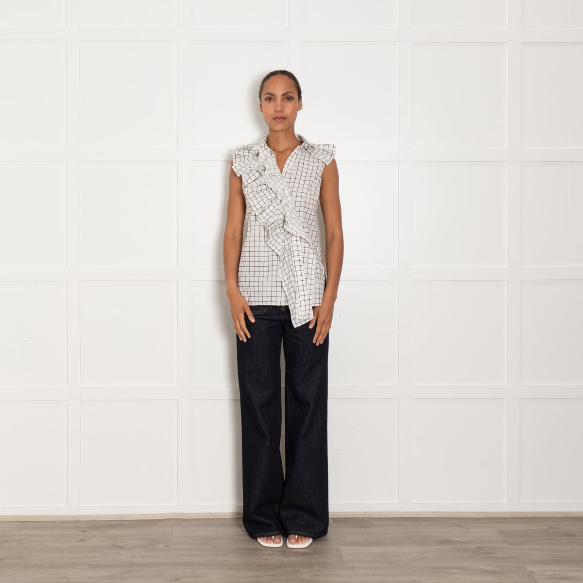 Monse White Black Check Frill Detail Sleeveless Cotton Shirt