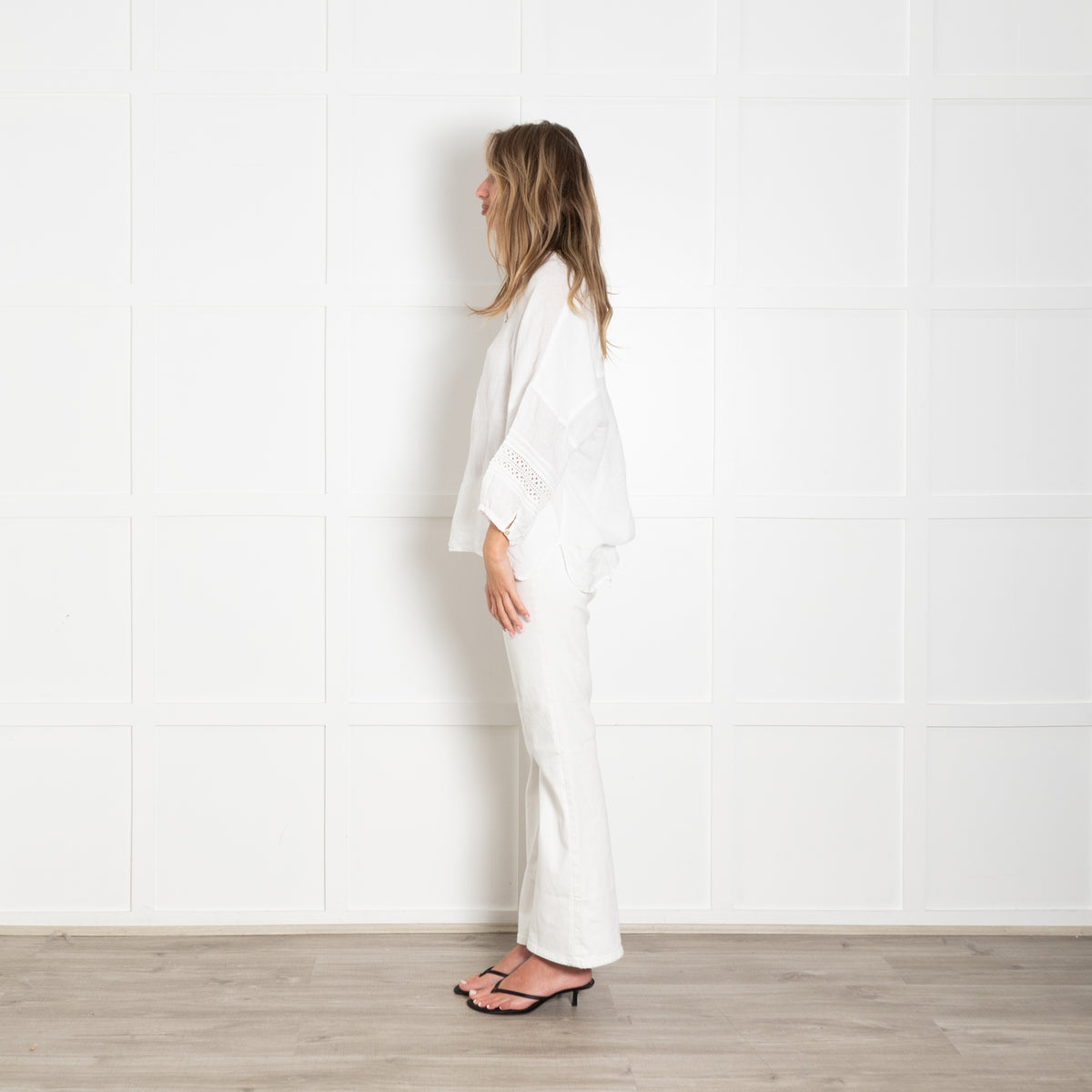120% Lino White Linen Lace Detail Sleeve Top