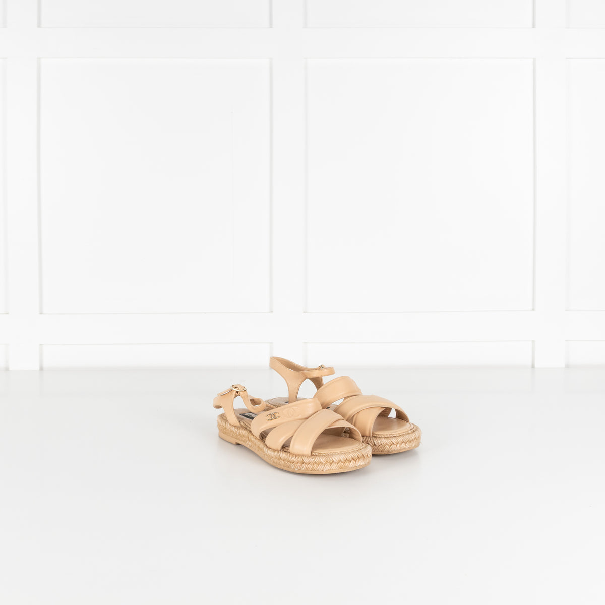 Chanel Beige Leather CC Espadrille Flat Sandals