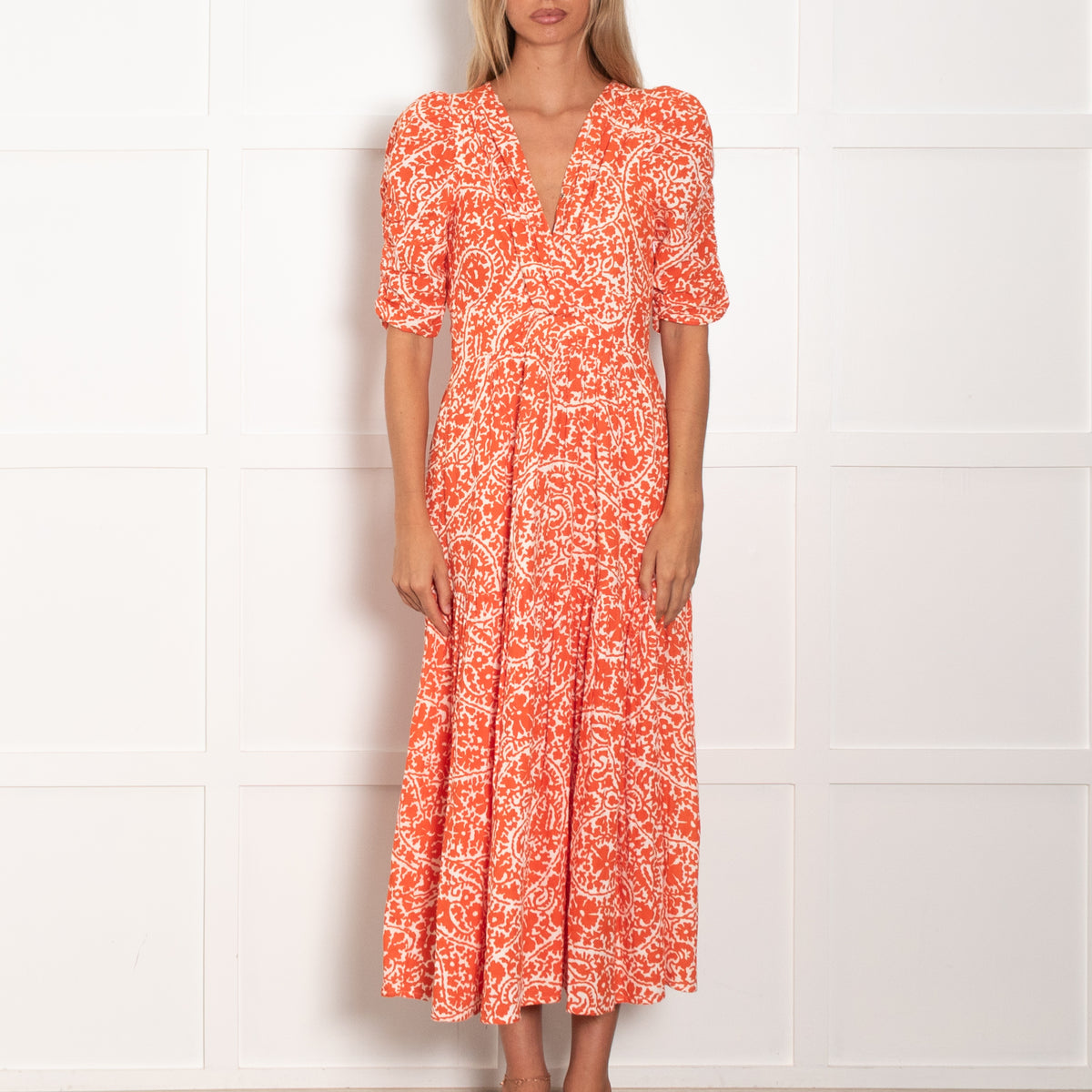 Me + Em White Orange Floral Elasticated Sleeves Cotton Dress