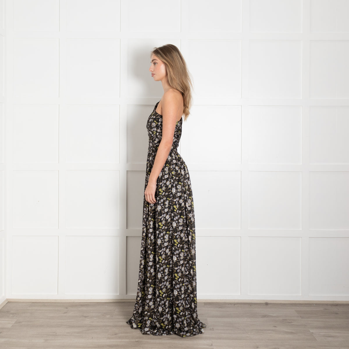 Mikael Aghal Black White Floral One Shoulder Maxi Gown