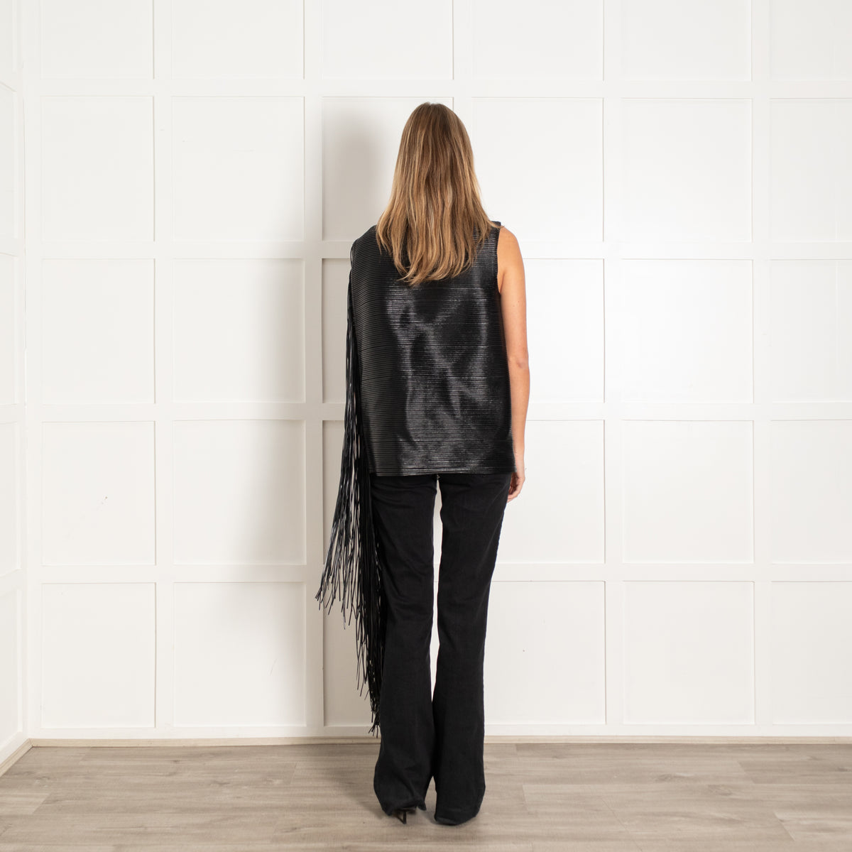 Sportmax Black Faux Leather Fringed Sleeveless Top