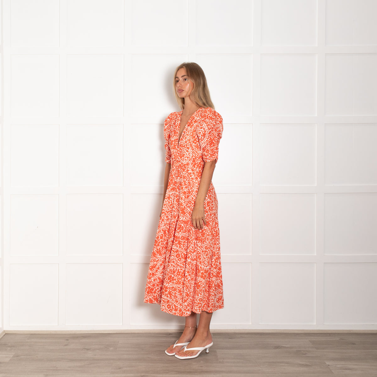 Me + Em White Orange Floral Elasticated Sleeves Cotton Dress