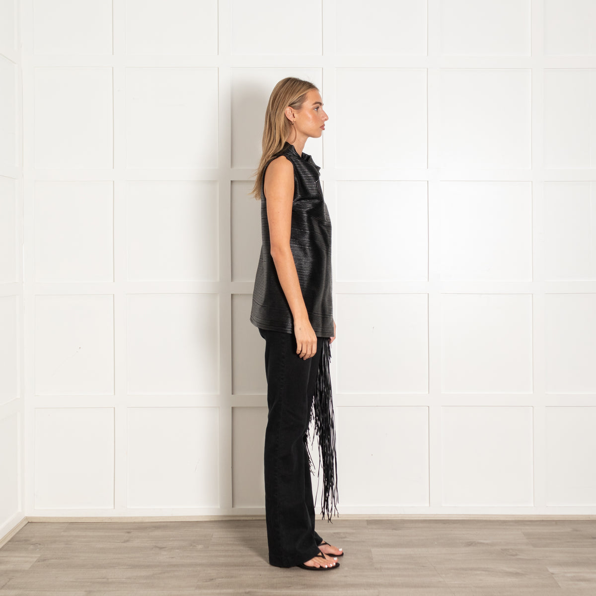 Sportmax Black Faux Leather Fringed Sleeveless Top