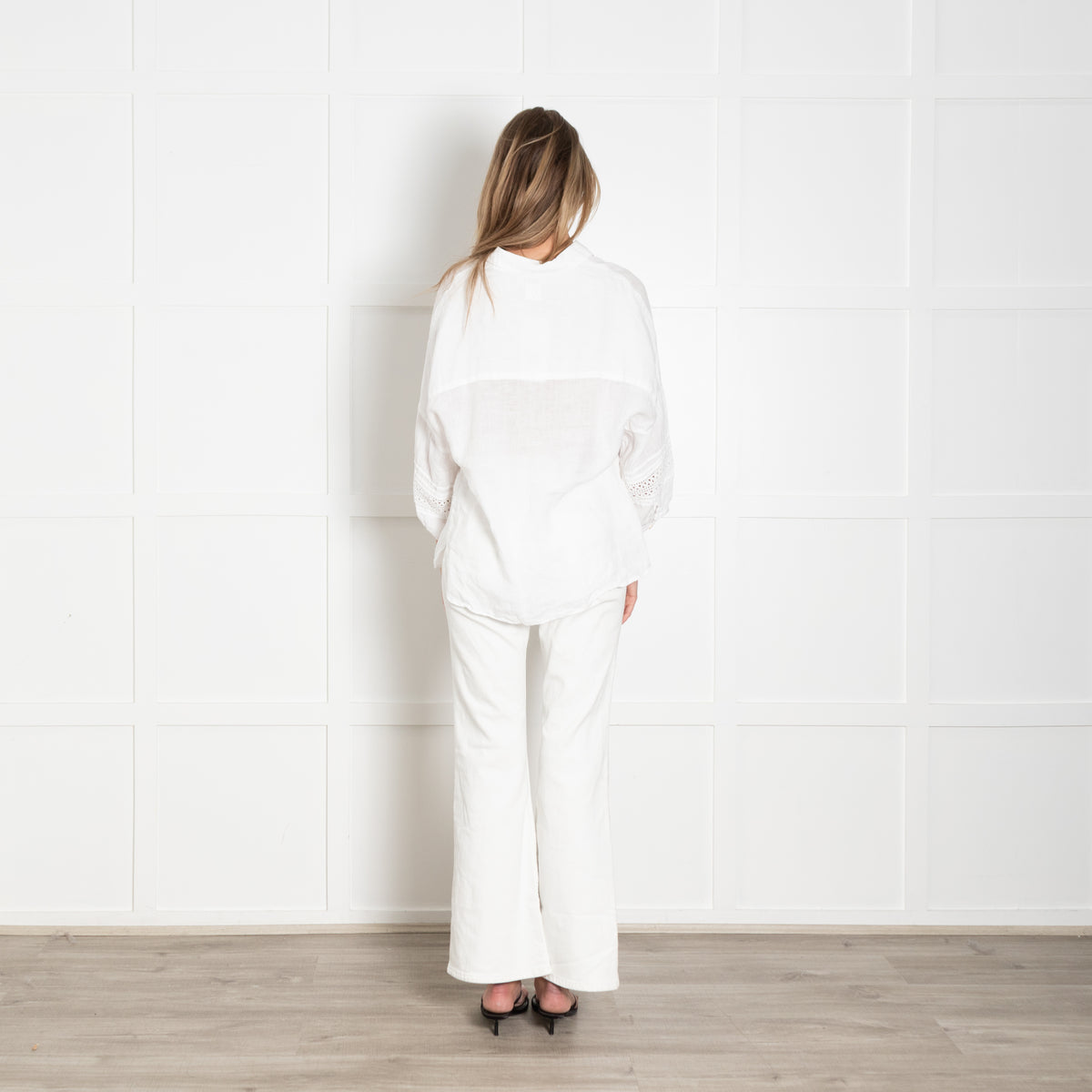 120% Lino White Linen Lace Detail Sleeve Top