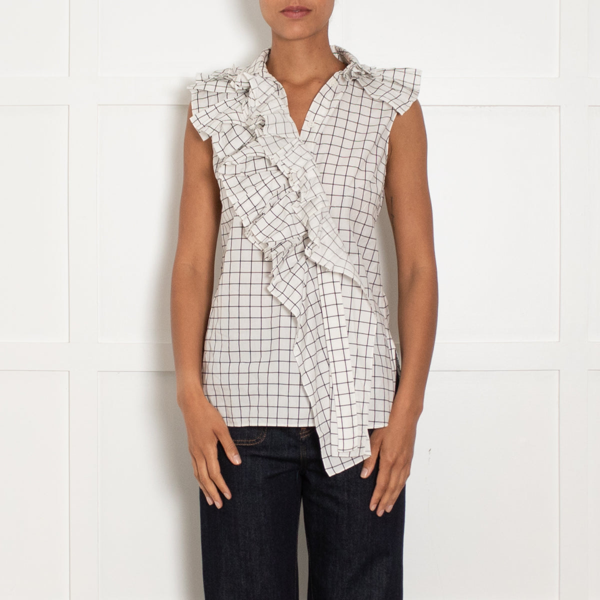 Monse White Black Check Frill Detail Sleeveless Cotton Shirt
