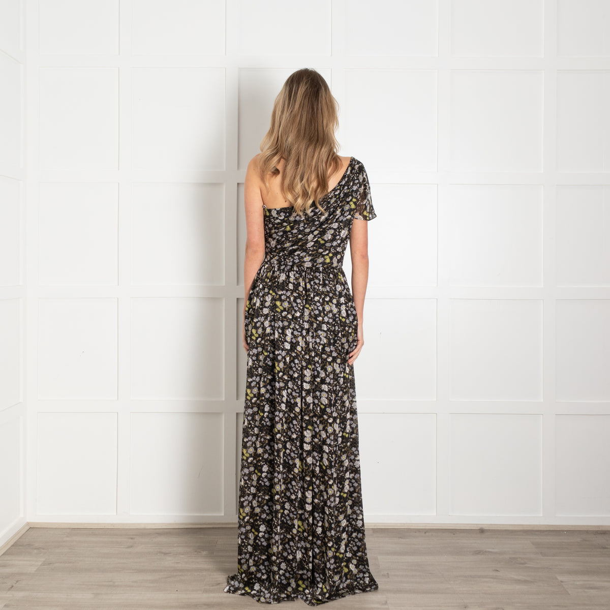 Mikael Aghal Black White Floral One Shoulder Maxi Gown