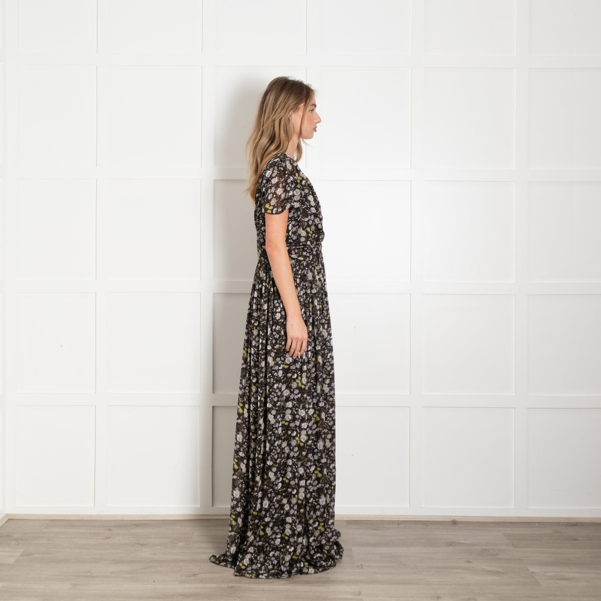 Mikael Aghal Black White Floral One Shoulder Maxi Gown