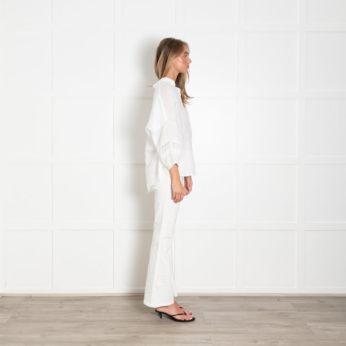 120% Lino White Linen Lace Detail Sleeve Top
