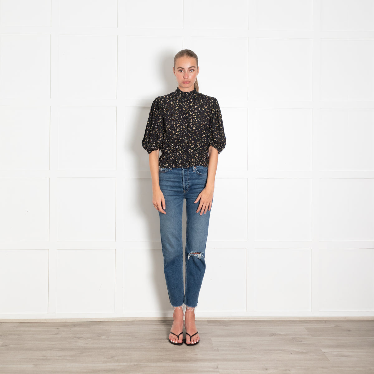 Ganni Black Micro Floral Puff Sleeve Top