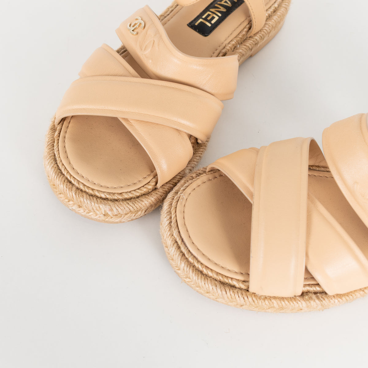 Chanel Beige Leather CC Espadrille Flat Sandals