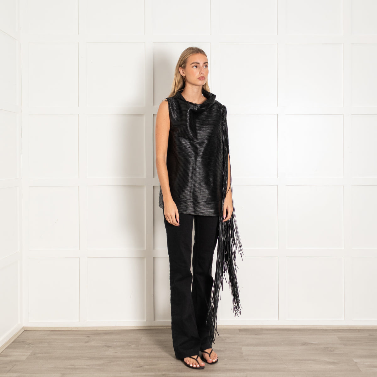Sportmax Black Faux Leather Fringed Sleeveless Top