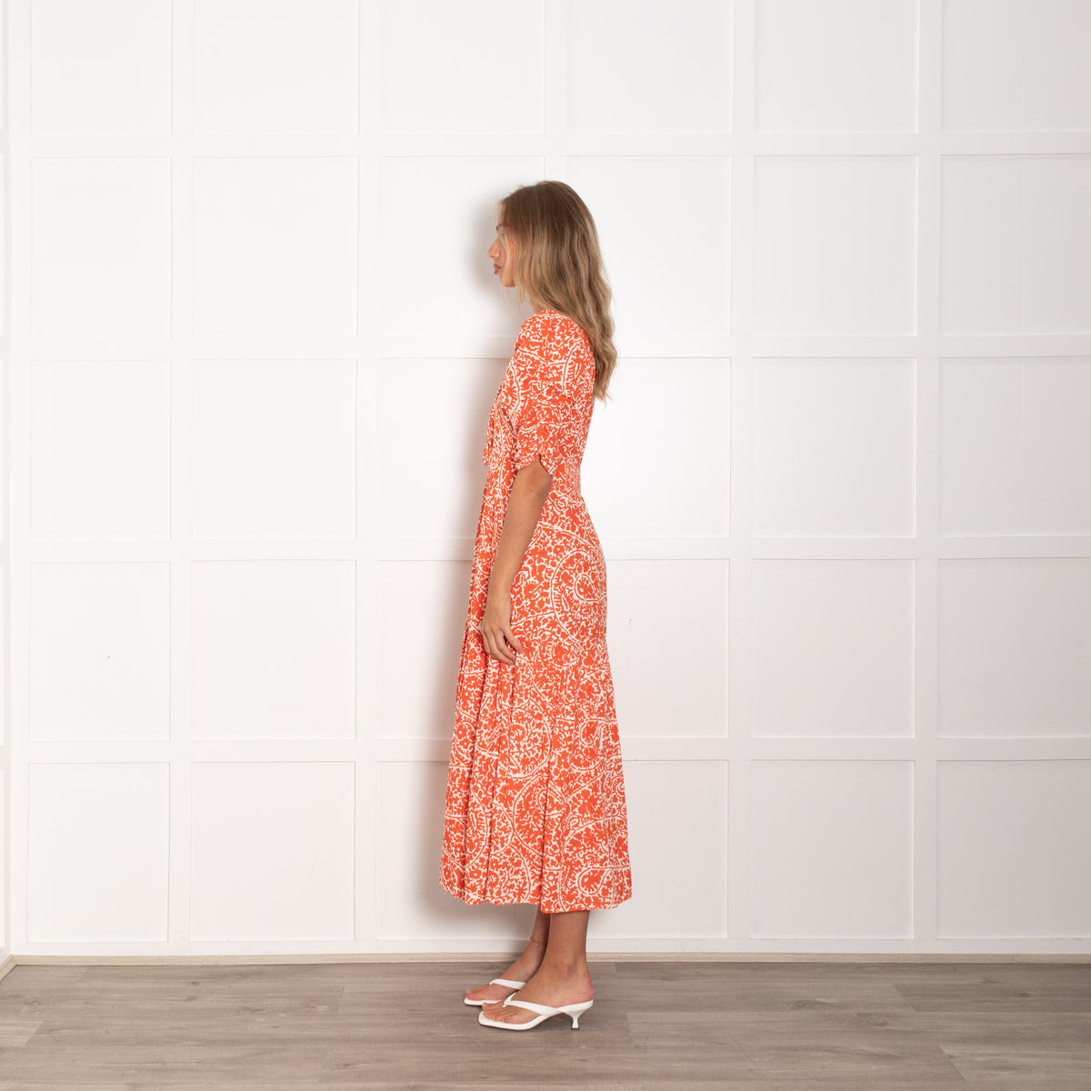 Me + Em White Orange Floral Elasticated Sleeves Cotton Dress