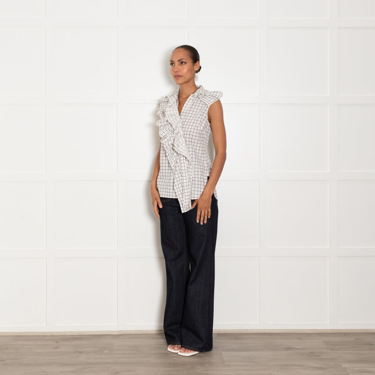 Monse White Black Check Frill Detail Sleeveless Cotton Shirt