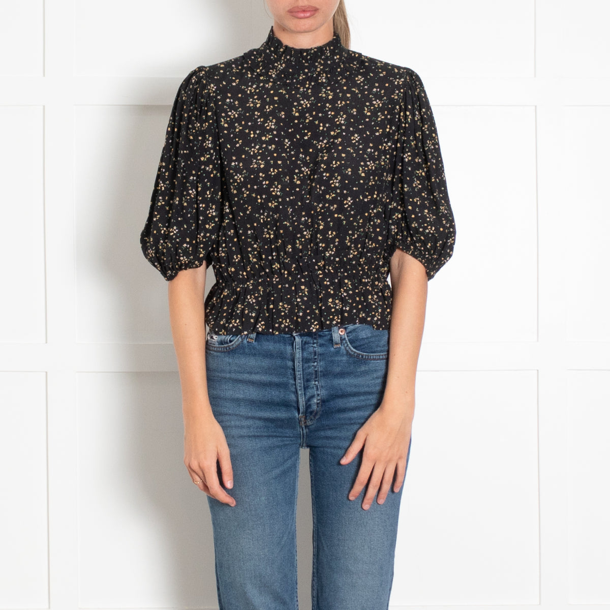 Ganni Black Micro Floral Puff Sleeve Top