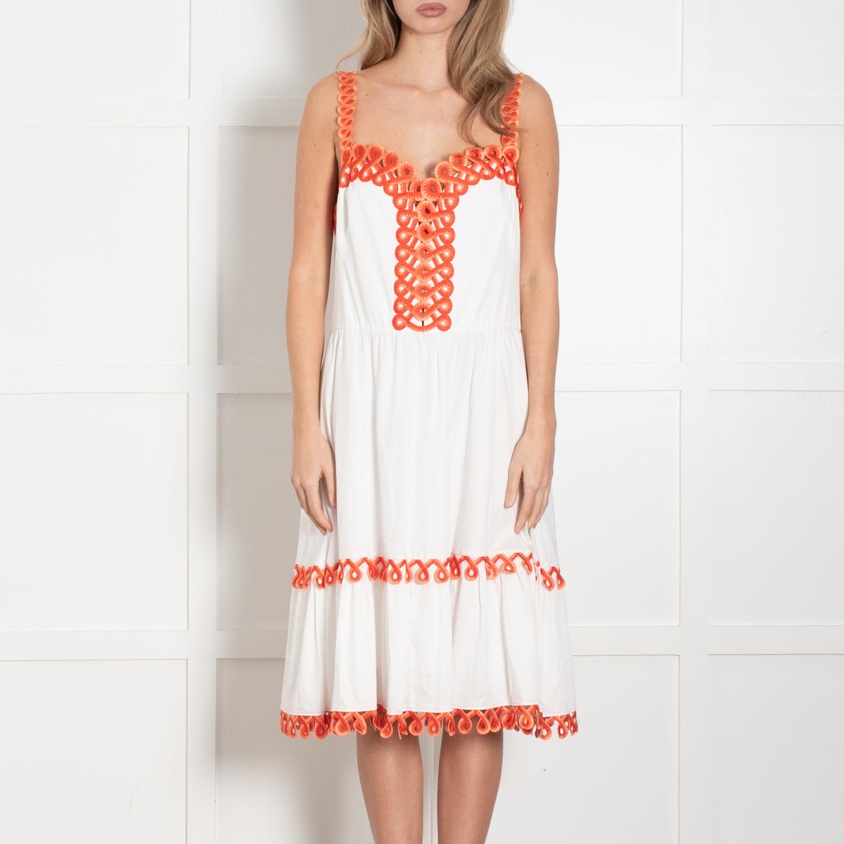 Temperley White Orange Embroidered Sleeveless Cotton Dress