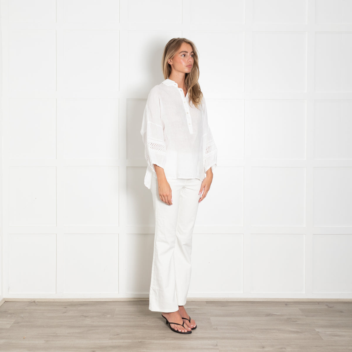 120% Lino White Linen Lace Detail Sleeve Top