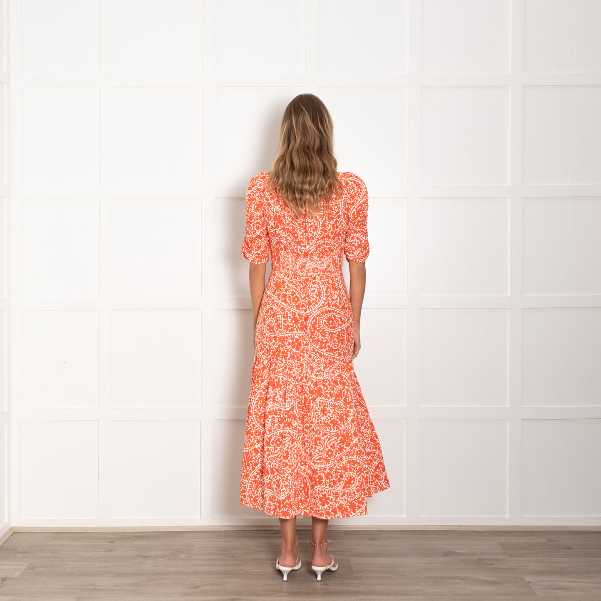 Me + Em White Orange Floral Elasticated Sleeves Cotton Dress