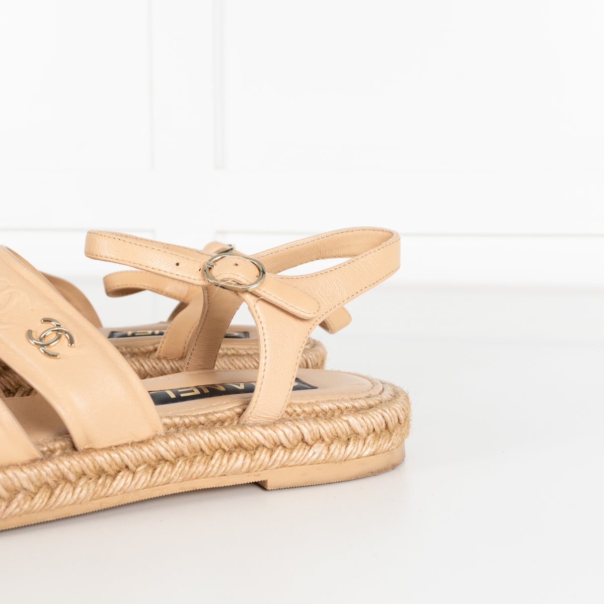 Chanel Beige Leather CC Espadrille Flat Sandals