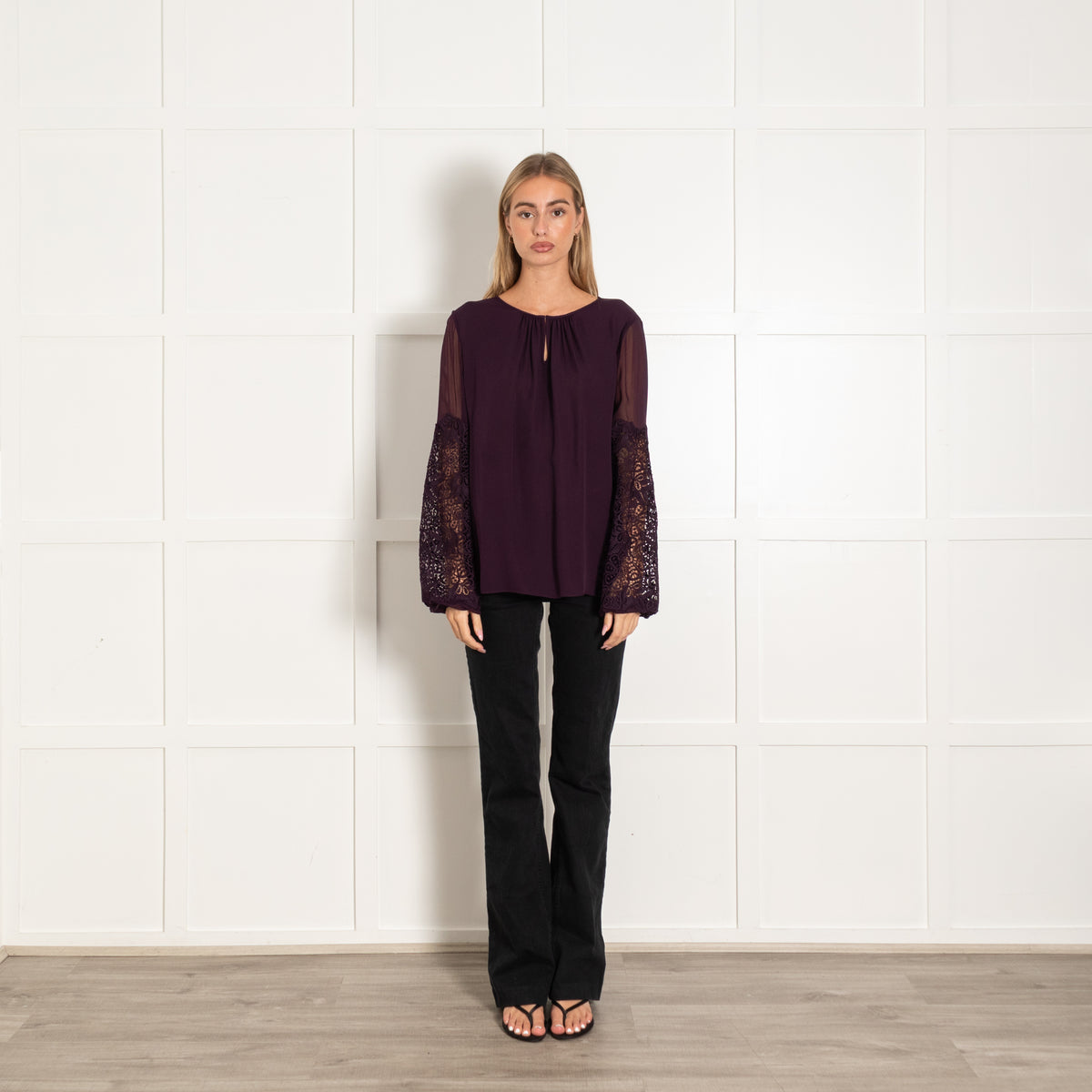 Elie Tahari Plum Silk Lace Sleeve Blouse
