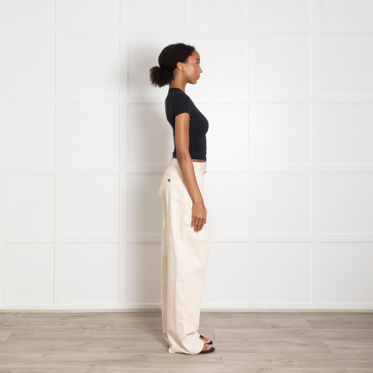 Burberry Cream Gabardine Wide Leg Belted Waist Trousers