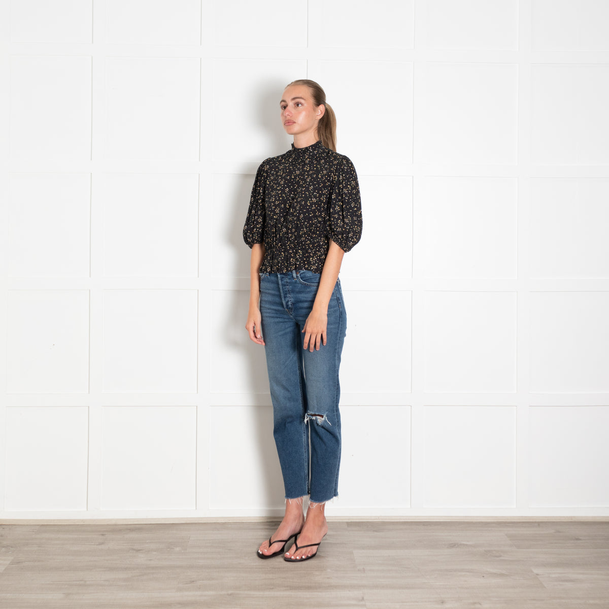 Ganni Black Micro Floral Puff Sleeve Top