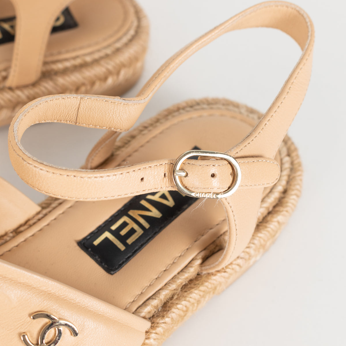 Chanel Beige Leather CC Espadrille Flat Sandals