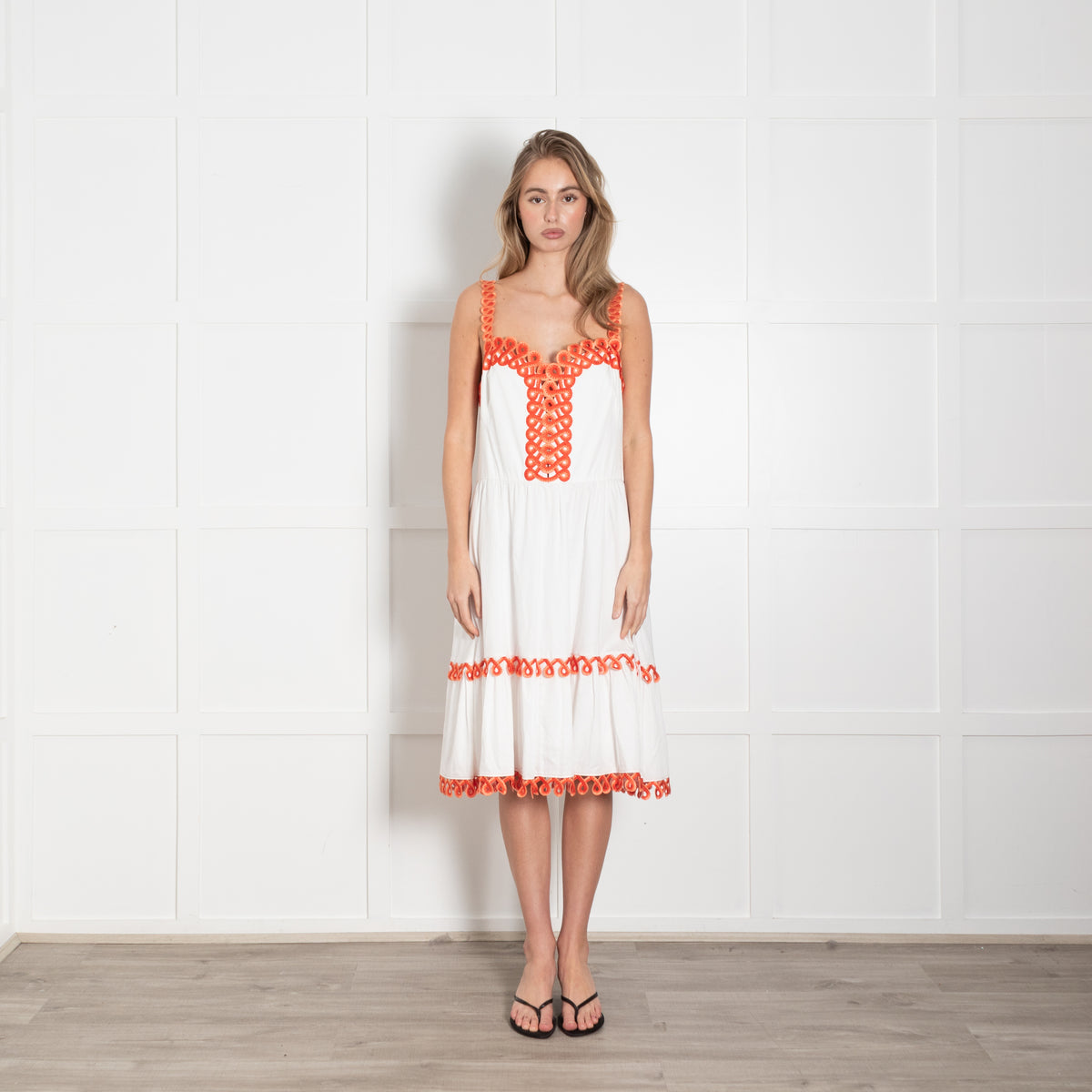 Temperley White Orange Embroidered Sleeveless Cotton Dress