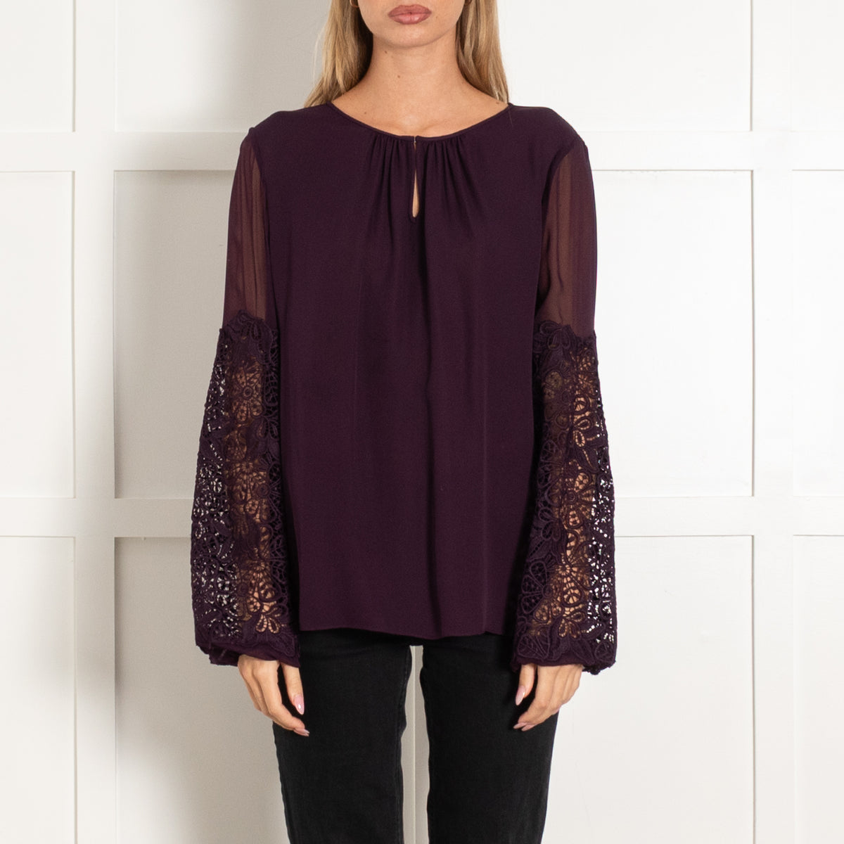 Elie Tahari Plum Silk Lace Sleeve Blouse