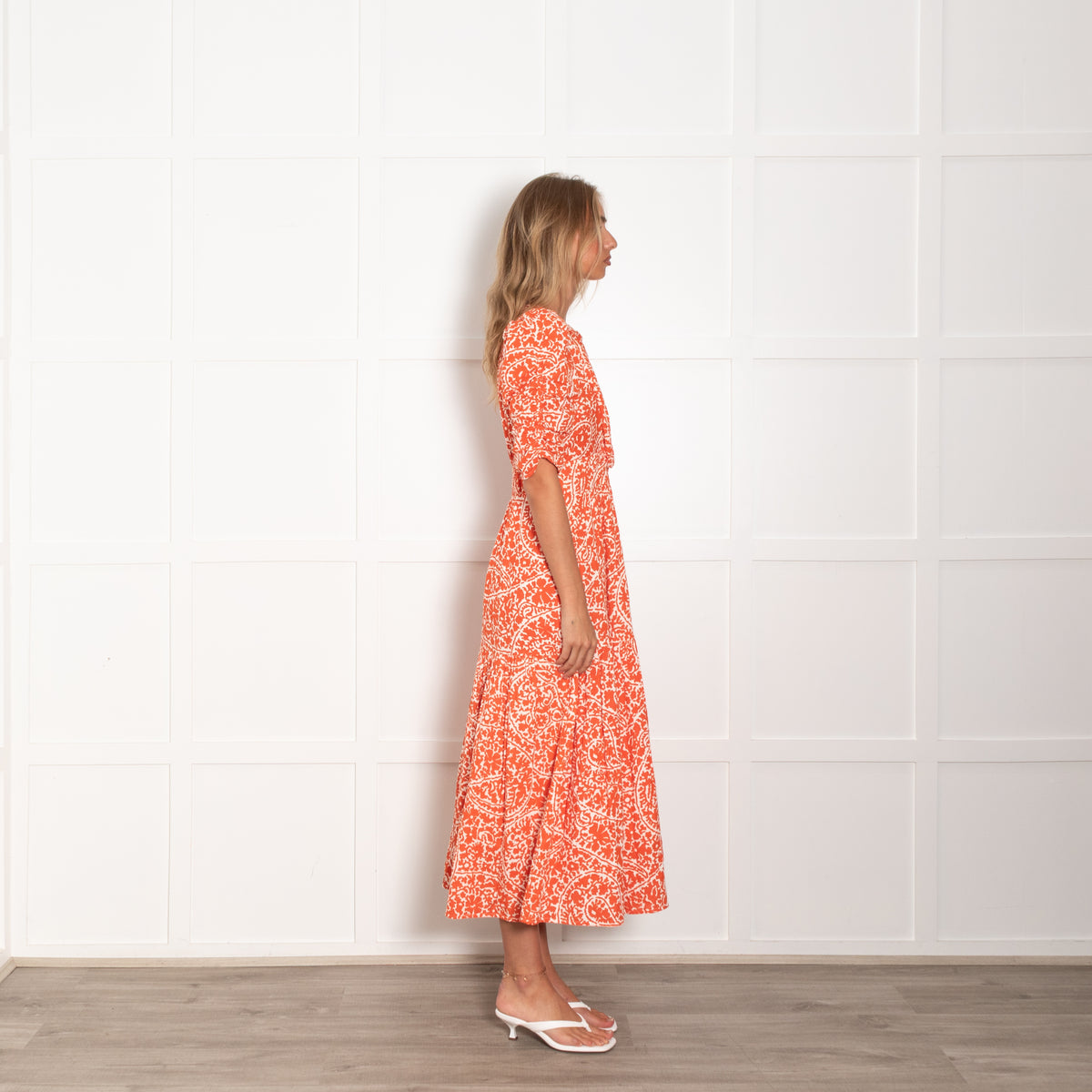 Me + Em White Orange Floral Elasticated Sleeves Cotton Dress